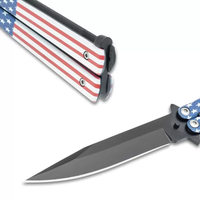 American Flag Butterfly Knife - Stainless Steel Blade, Stainless Steel Handle - Length 9" - Image 3
