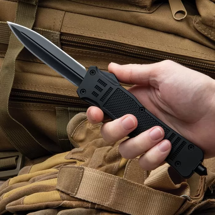 Bushmaster Mamba Automatic OTF Knife - Stainless Steel Blade, TPU Handle, Sliding Trigger, Glassbreaker, Pocket Clip - Image 4