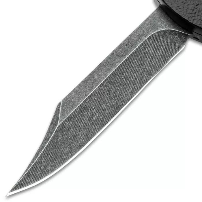 Black Jacket OTF Automatic Knife And Sheath - Stainless Steel Blade, Metal Alloy Handle, Pocket Clip - Length 8 3/4" - Image 4