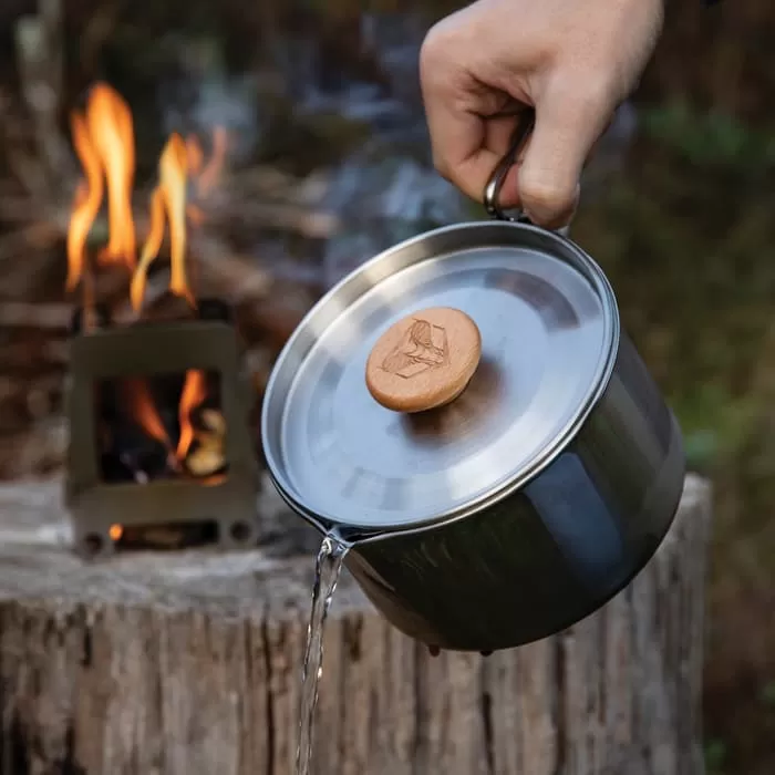 Bushmaster Ultimate Survival Camp Kettle Pot With Mesh Bag - Stainless Steel Pot, Wooden Handle, Steel Handle - Image 4