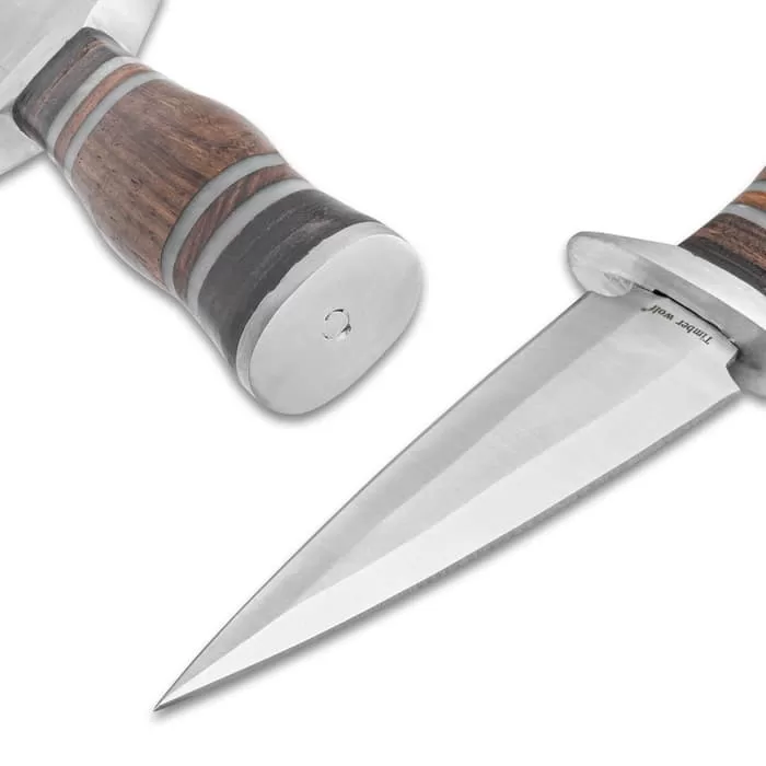 Timber Wolf Fur Trapper Dagger And Sheath - Stainless Steel Blade, Wood And Resin Handle - Length 12" - Image 4