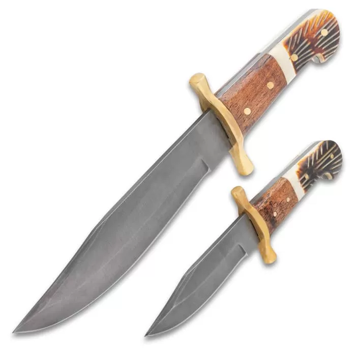 Timber Wolf Bison Plains Two-Piece Set With Twin Sheath - Blued Carbon Steel Blades, Walnut Wood And Bone Handles - Image 4