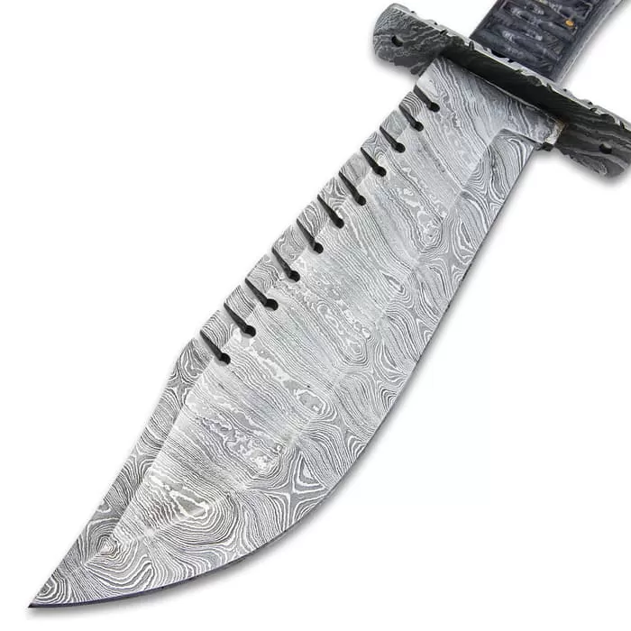 Timber Wolf Shark Back Knife And Sheath - Damascus Steel Blade, Wooden Handle, Lanyard Hole - Length 15 1/2" - Image 4