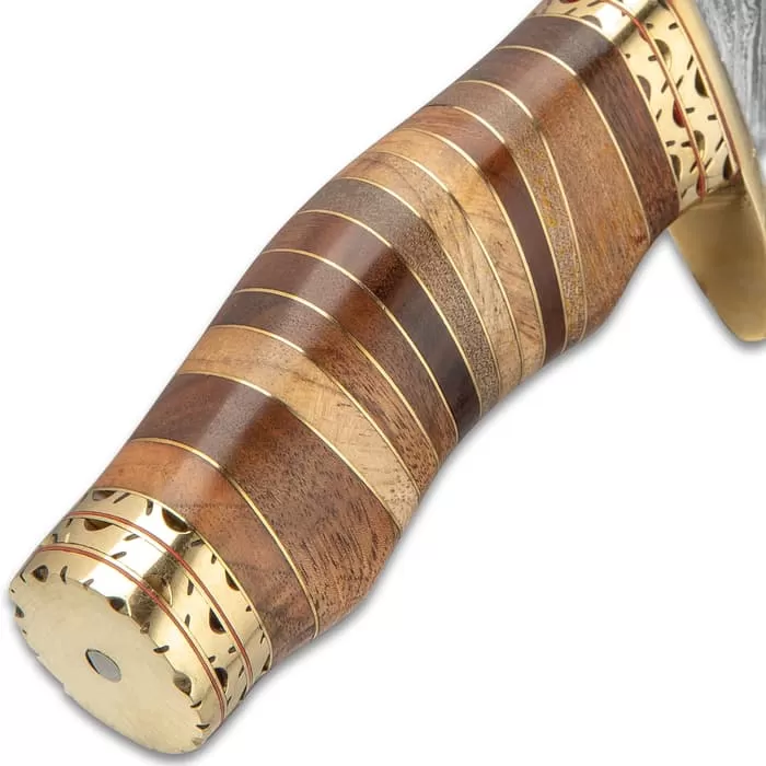 Timber Wolf Primeval Canyon Machete And Sheath - Damascus Steel Blade, Walnut Wood Handle, Brass Handguard - Length 15 1/4β - Image 4