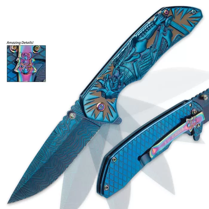 Shadow Warrior Assisted Opening Pocket Knife | DamascTec Steel Blade | Blue And Rainbow - Image 4