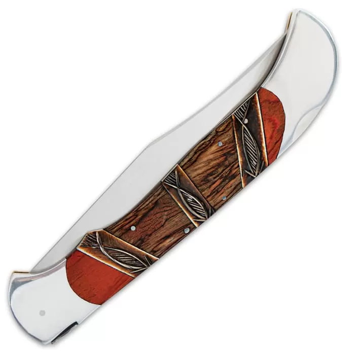 Timber Rattler Heartwood Scarab Back Giant Folding Pocket Knife - Carved Camel Bone Inlays - Image 4