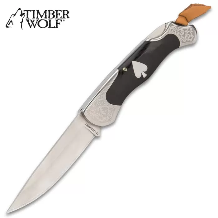 Timber Wolf Gambler Lockback Pocket Knife - 3Cr13 Stainless Steel Blade, Wooden Handle Scales, Etched Bolsters - Image 4