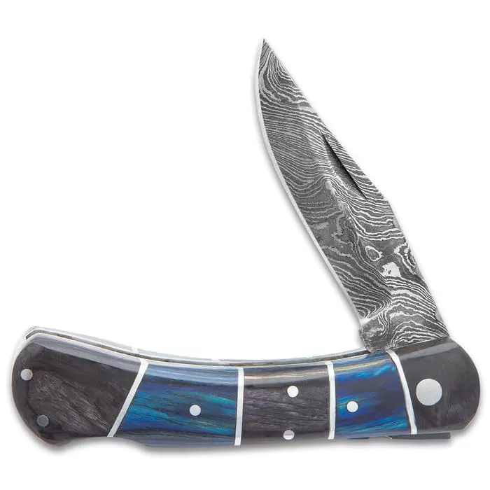 Timber Wolf Rainshadow Handmade Pocket Knife / Folder - Hand Forged Damascus Steel, File Worked Scalloping - Royal Blue And Smoky Black / Gray Pakkawood - Collectible, Everyday Carry, Gift - 4" Closed - Image 4