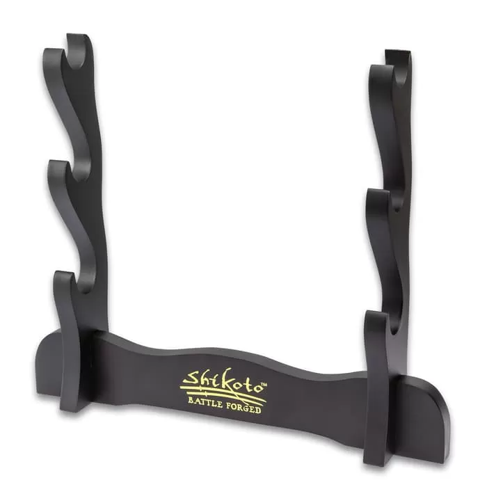 Shikoto Longquan Master Three-Sword Display Stand - Premium Wooden Construction, Sleek Black Finish, Table-Top Design - Image 4