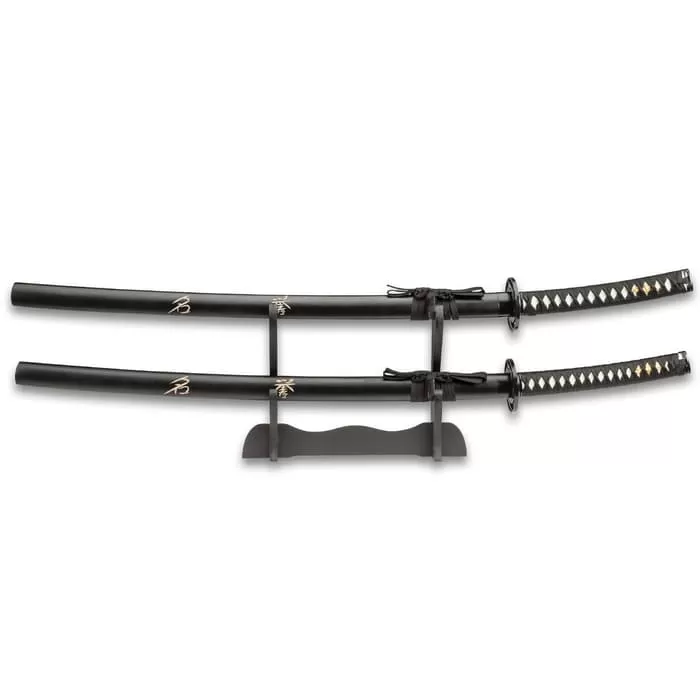 Undercover Tactical Two-Piece Sword Set With Scabbards - Carbon Steel Blades, Cotton Wrapped Wooden Handles, Display Stand - Image 4