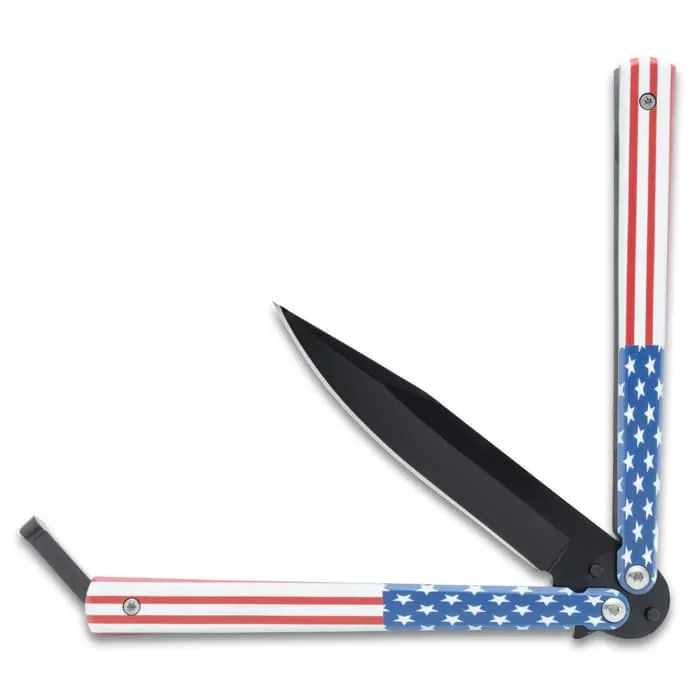 American Flag Butterfly Knife - Stainless Steel Blade, Stainless Steel Handle - Length 9" - Image 4