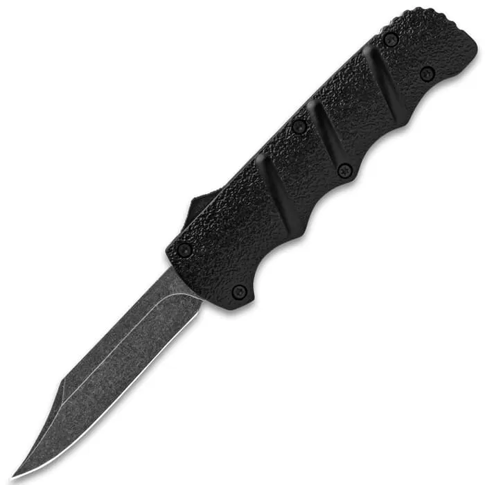 Black Jacket OTF Automatic Knife And Sheath - Stainless Steel Blade, Metal Alloy Handle, Pocket Clip - Length 8 3/4" - Image 5