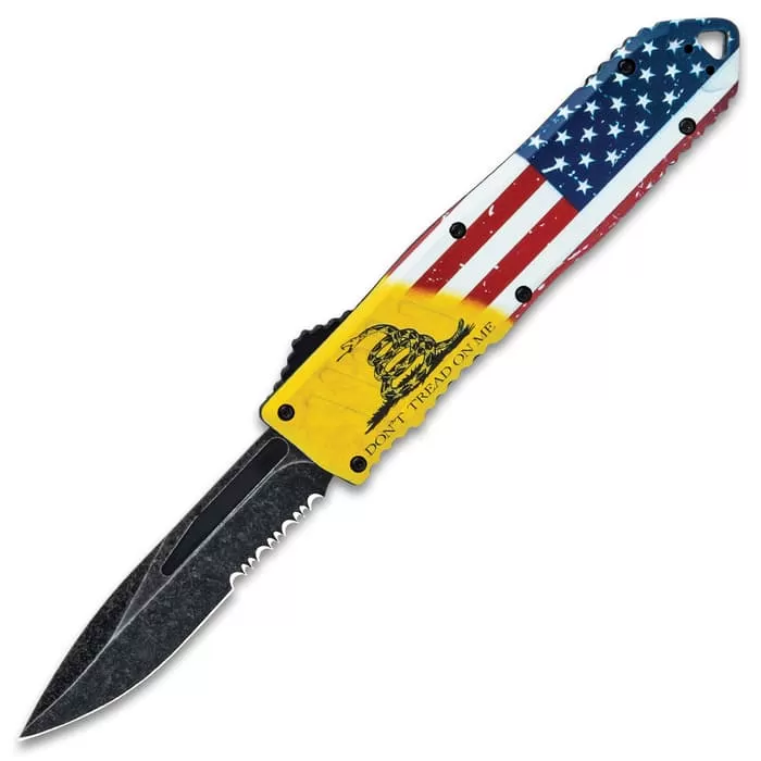 Don't Tread On Me OTF Automatic Knife And Sheath - Stainless Steel Blade, 3D-Printed Metal Handle, Pocket Clip - Image 5
