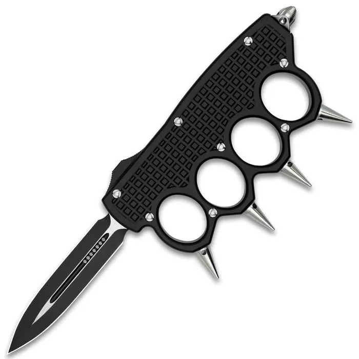 Spiked OTF Automatic Knuckle Knife - Stainless Steel Blade, Aircraft-Grade Aluminum, Pocket Clip - Closed 5 1/4" - Image 5