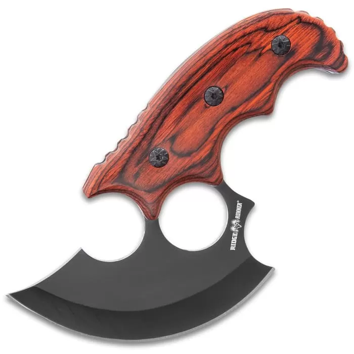 Ridge Runner Modified Ulu Knife With Sheath - Stainless Steel Blade, Full-Tang, Non-Reflective, Wooden Handle Scales - Length 6 1/2β - Image 5