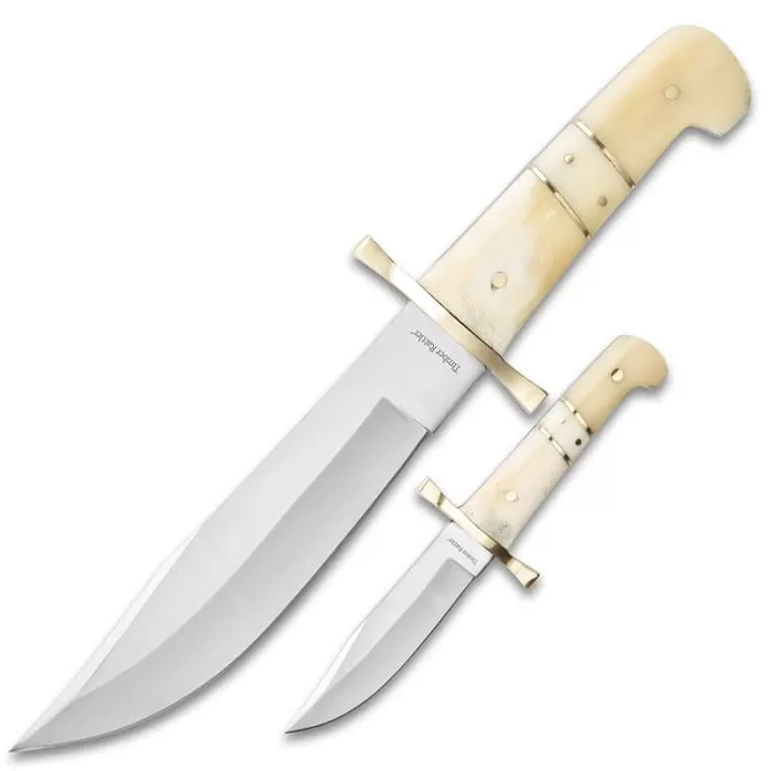 Timber Rattler Camel Bone Bowie Knife - Two-Knife Set With Leather Twin Sheath - Image 5