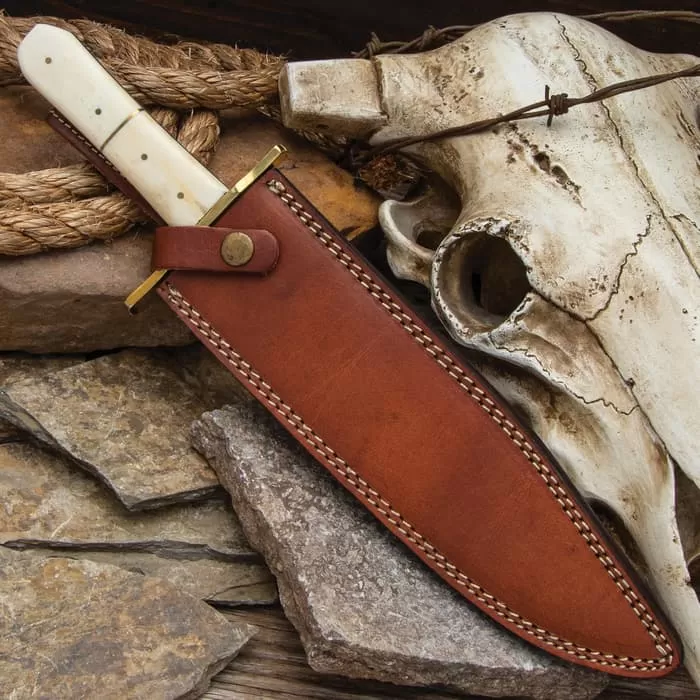 Timber Rattler Ivory Dusk Bone Handle Bowie Knife With Leather Sheath - Image 5