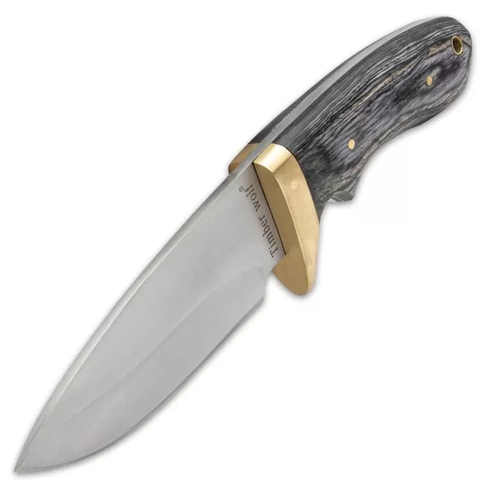 Timber Wolf Grey Skinner Knife And Sheath - Stainless Steel Blade, Pakkawood Handle Scales, Brass Half-Guard - Length 9β - Image 5