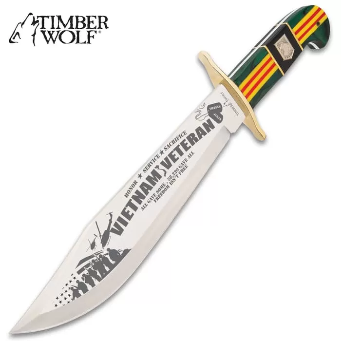 Timber Wolf Vietnam Veteran Bowie Knife With Sheath - Stainless Steel Blade, Wood And Bone Handle, Brass Guard - Length 16β - Image 5