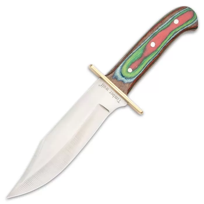 Timber Wolf Rainbow Knife And Sheath - Stainless Steel Blade, Pakkawood Handle Scales, Brass Guard - Length 10 3/4β - Image 5