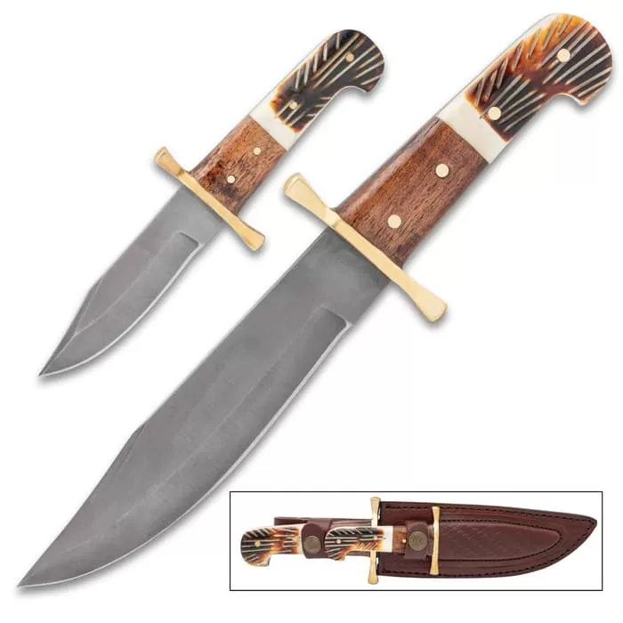 Timber Wolf Bison Plains Two-Piece Set With Twin Sheath - Blued Carbon Steel Blades, Walnut Wood And Bone Handles - Image 5