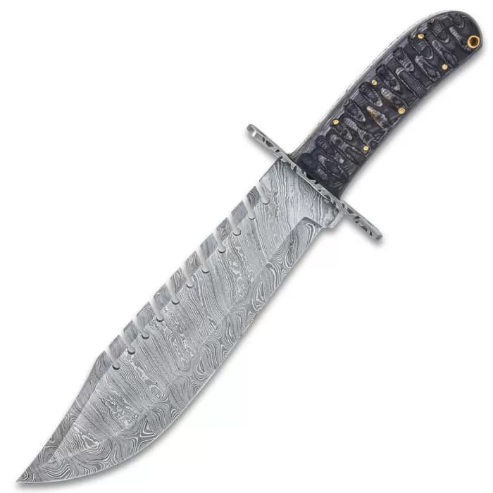 Timber Wolf Shark Back Knife And Sheath - Damascus Steel Blade, Wooden Handle, Lanyard Hole - Length 15 1/2" - Image 5