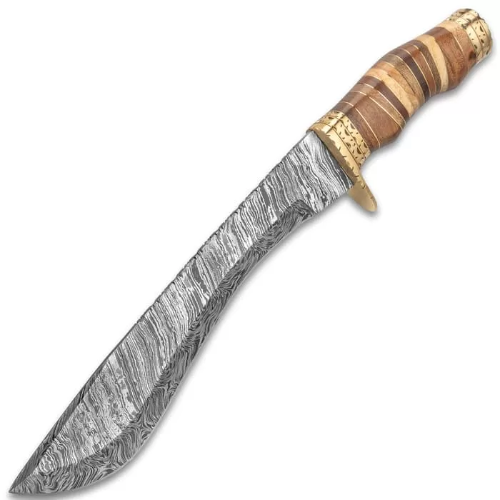 Timber Wolf Primeval Canyon Machete And Sheath - Damascus Steel Blade, Walnut Wood Handle, Brass Handguard - Length 15 1/4β - Image 5