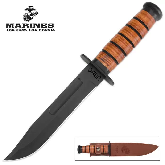 USMC Combat Fighter Knife - Fixed Blade With Leather Sheath - Image 4