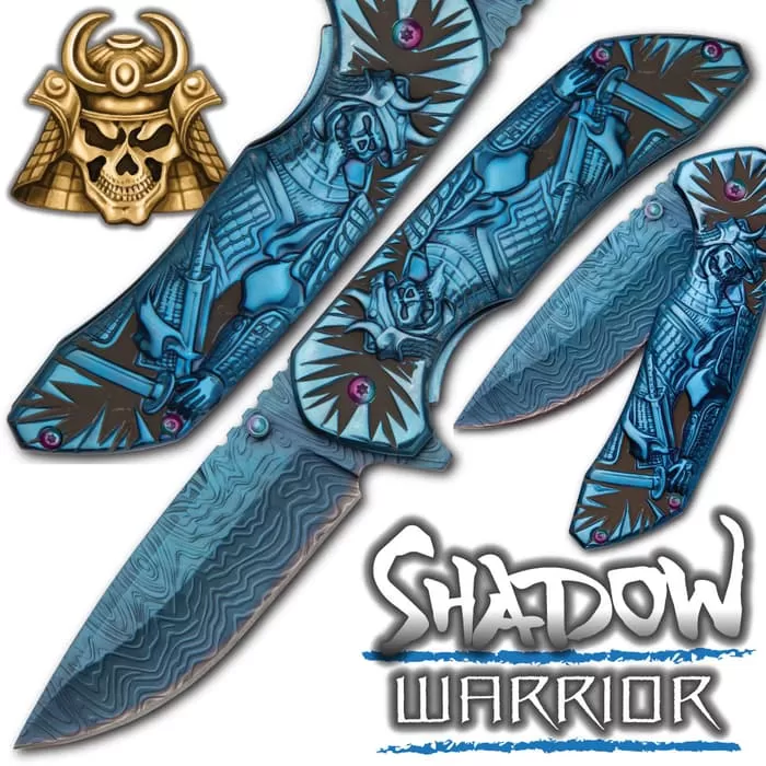 Shadow Warrior Assisted Opening Pocket Knife | DamascTec Steel Blade | Blue And Rainbow - Image 5