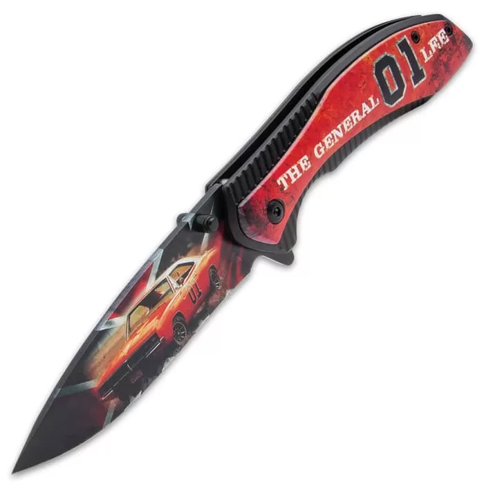 General Lee Pocket Knife - Printed Stainless Steel Blade, Aluminum Handle, Wooden Facing, Pocket Clip - Closed 4 1/2β - Image 5
