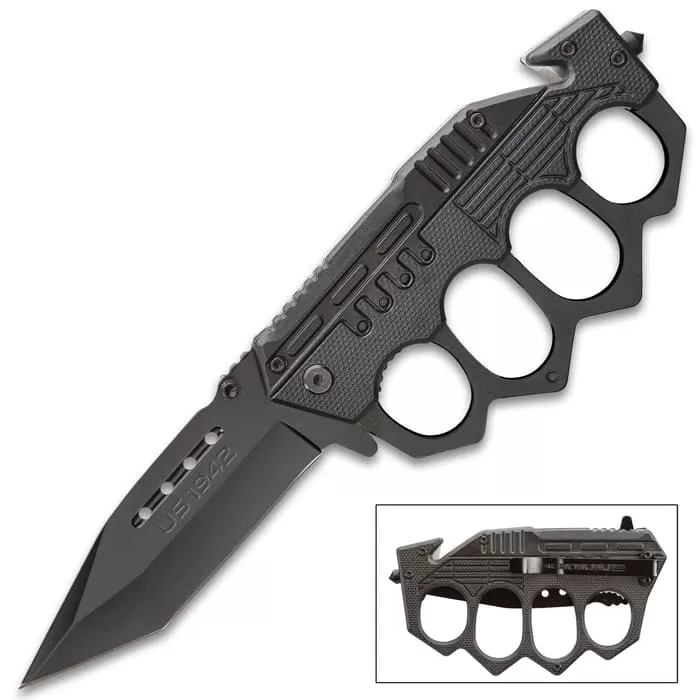 Black Folding Knuckle Knife - Stainless Steel Blade, ABS Handle, Seatbelt Cutter, Glass Breaker - Closed Length 5 1/4β - Image 5