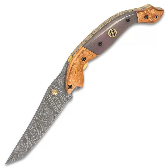 Timber Wolf Aspen Pocket Knife - Damascus Steel Blade, Bone Handle, Engraved Copper Bolsters, Fileworked Liners - Image 5