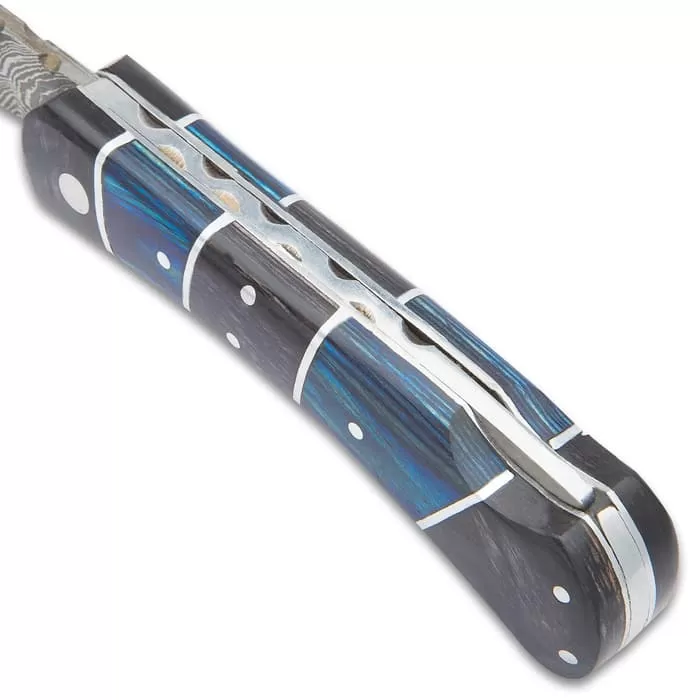 Timber Wolf Rainshadow Handmade Pocket Knife / Folder - Hand Forged Damascus Steel, File Worked Scalloping - Royal Blue And Smoky Black / Gray Pakkawood - Collectible, Everyday Carry, Gift - 4" Closed - Image 5