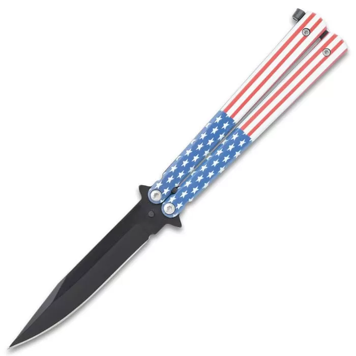 American Flag Butterfly Knife - Stainless Steel Blade, Stainless Steel Handle - Length 9" - Image 5