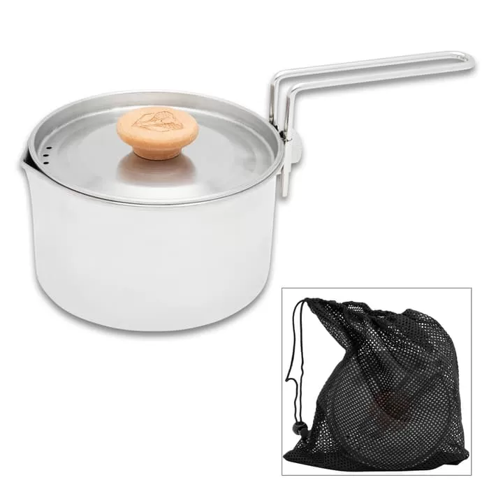 Bushmaster Ultimate Survival Camp Kettle Pot With Mesh Bag - Stainless Steel Pot, Wooden Handle, Steel Handle - Image 6