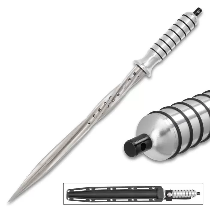 Grey Titanium Spiral Dagger With Sheath - Stainless Steel Construction, Quad-Edged Blade, Hidden Compartment - Length 16 1/2β - Image 6