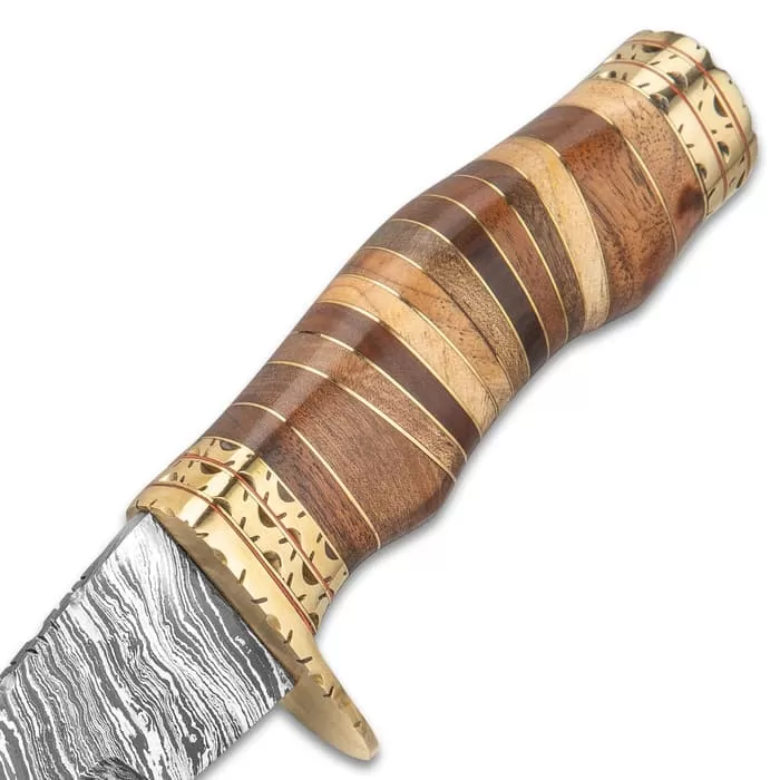 Timber Wolf Primeval Canyon Machete And Sheath - Damascus Steel Blade, Walnut Wood Handle, Brass Handguard - Length 15 1/4β - Image 6