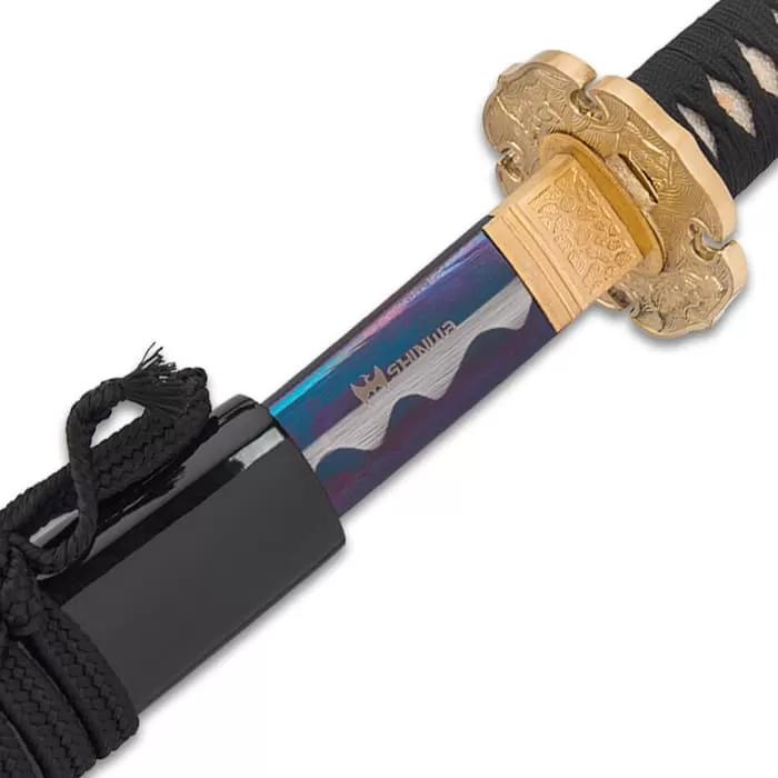 Shinwa Golden Hibiscus Katana With Scabbard - 1060 Carbon Steel Blade, Genuine Ray Skin, Brass Habaki, Brass Handguard - Length 41β - Image 6