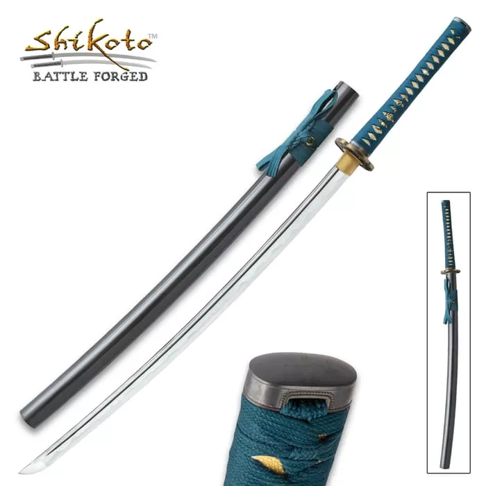 Shikoto Hammer-Forged Longquan Master Teal Katana - T10 Steel Blade, Tea-Dyed Rayskin, Brass Tsuba - Length 39 1/2โ - Image 8